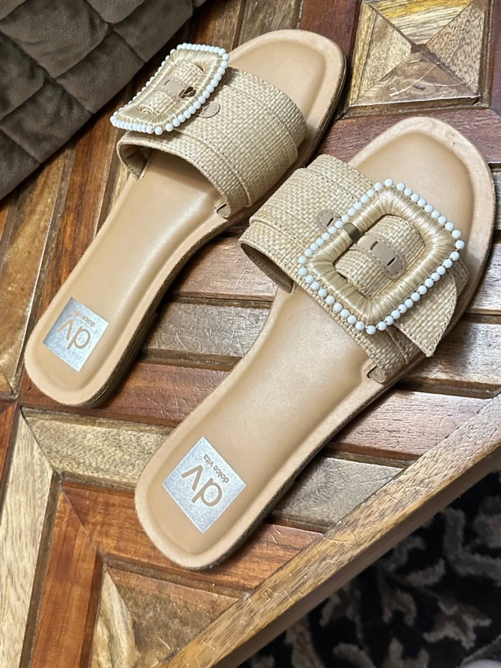 Dolce Vita Natural Beige Beaded Buckle Slide Sandals - Picture 2 of 3